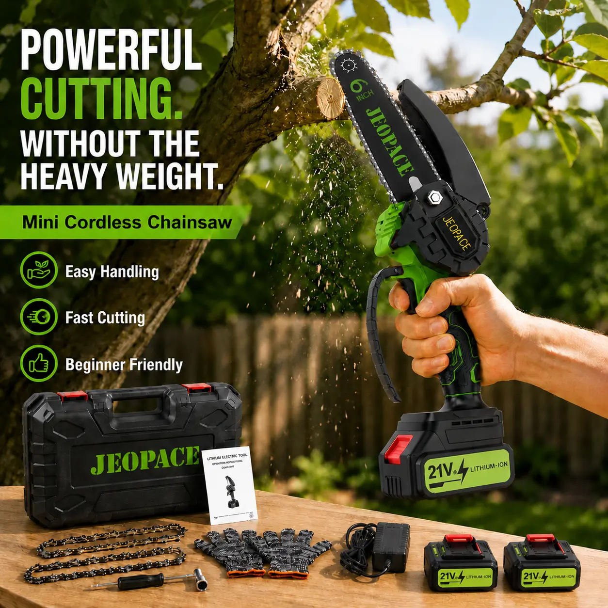 Mini Cordless Chainsaw 6 Inch with 21V Rechargeable Battery, Lightweight Electric Chainsaw with Safety Lock for Tree Branch Trimming, Garden Pruning & DIY Wood Cutting