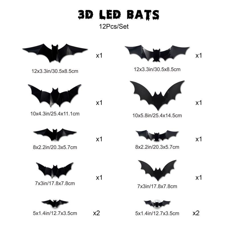 Product Introduction of BougeRV 3D Bat Design LED Decorations 12pcs/24pcs Set Spooky Ornaments for Home Party Festival Halloween Easy Install Wall Stickers Smooth Application - Decorative 12