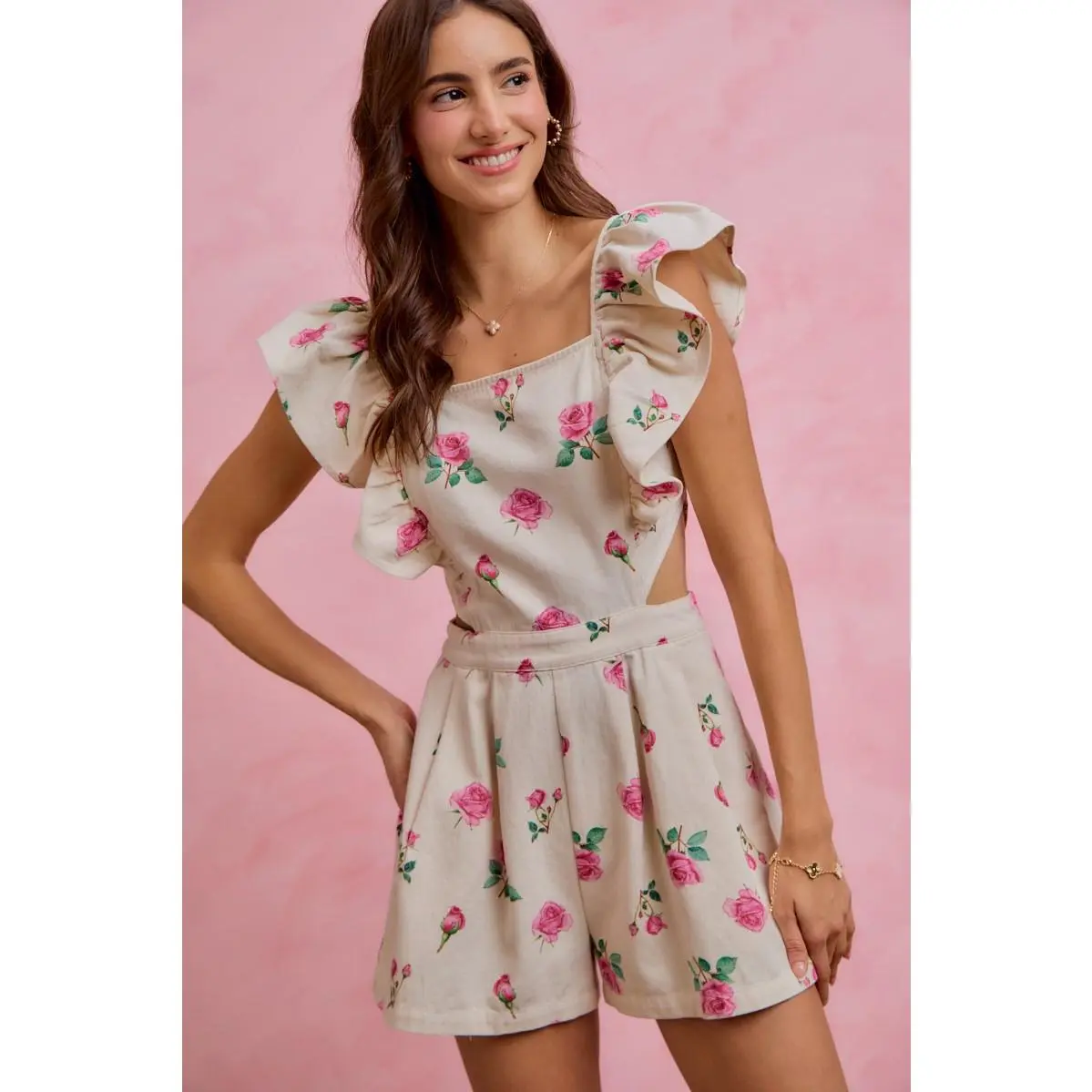 SO ME Floral Print Denim Cut Out Waist Ruffled Romper