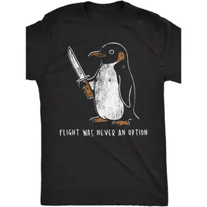Men's Funny Penguin Graphic T-Shirt | "Flying Was Never An Option" Sarcastic Novelty Tee, Vintage Crew Neck, Slight Stretch Fabric, Regular Fit For Adults