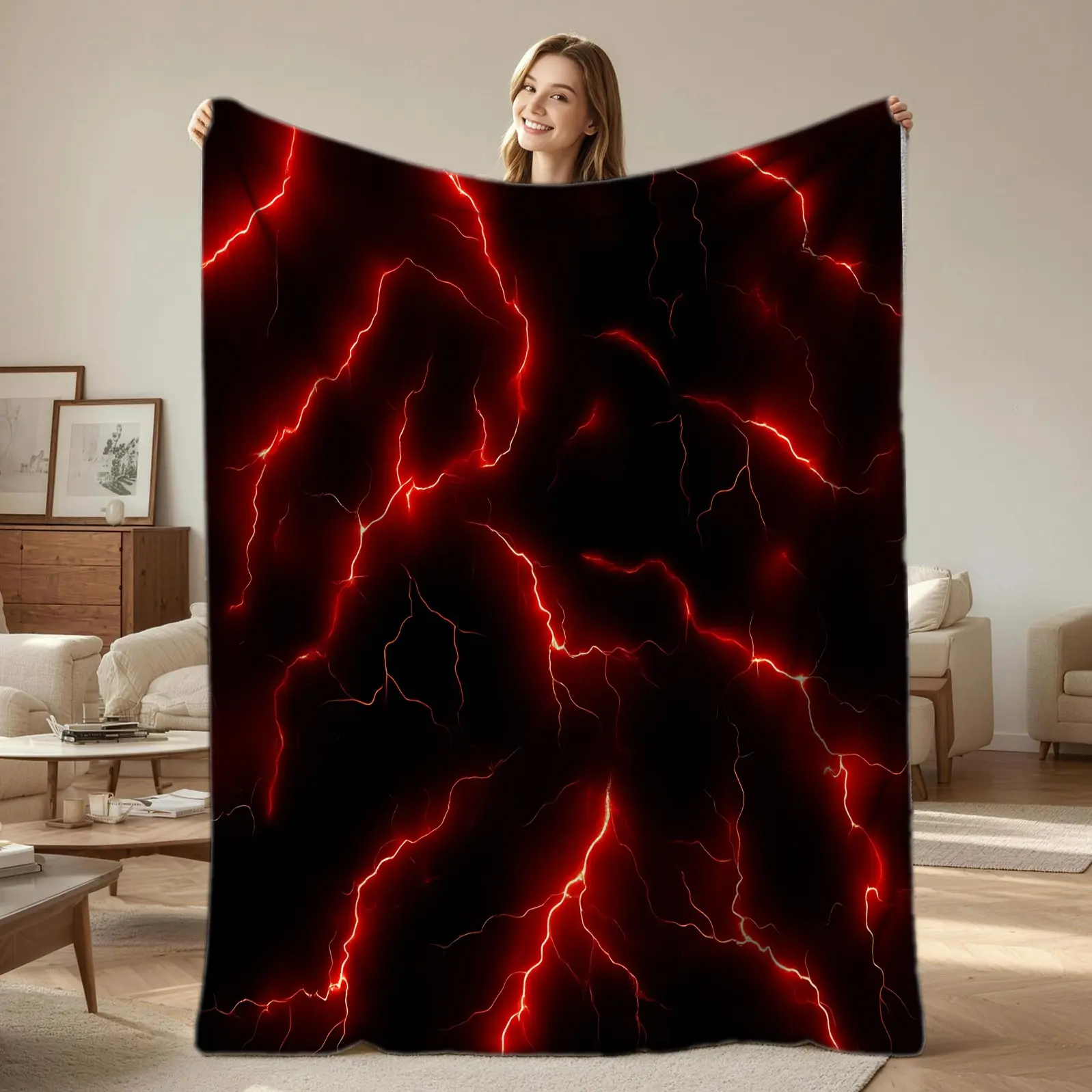 Red Lightning Print Throw Blanket, Black Red Thunderstorm Flannel Blanket, Warm Cozy Soft Blanket, Cool Abstract Lightning Pattern, All-Season Gift Blanket for Teens Boys Bedroom, Sofa, Couch, Modern Gothic Style, Lightweight Plush Blanket for Home Decor