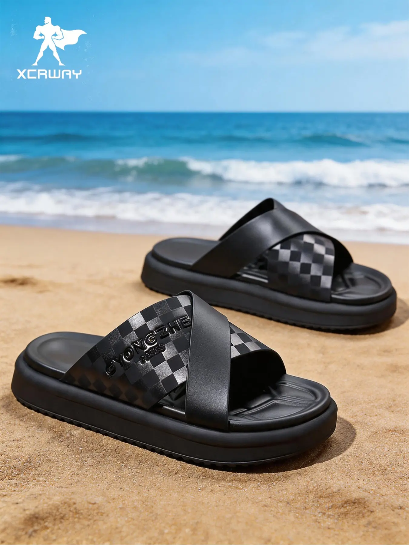 Streetwear Cool Men's Sandals Footwear, Durable Anti-Slip Thick Sole, Comfortable Plaid Design, Ideal for Summer Home, Outdoor, Beach Walks, Trendy Casual Slippers, Non Slip Slippers