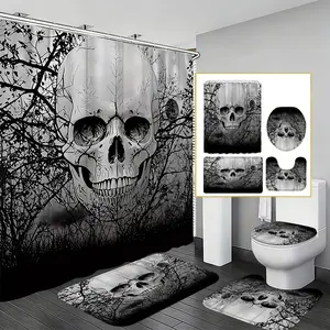 Gothic Skull Tree Shower Curtain Set, Waterproof Anti-Mildew Bathroom Decor, Non-Slip Mat, Toilet Lid Cover, U-Shaped Pad, 4-Piece Combo