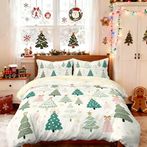 3-piece Christmas-themed quilt set (1 quilt cover +2 pillowcases, coreless) is covered with pink green multi-color Christmas tree, golden stars, and small snowflake element printed soft and comfortable bedding, suitable for all rooms, Soft Bedding Sets