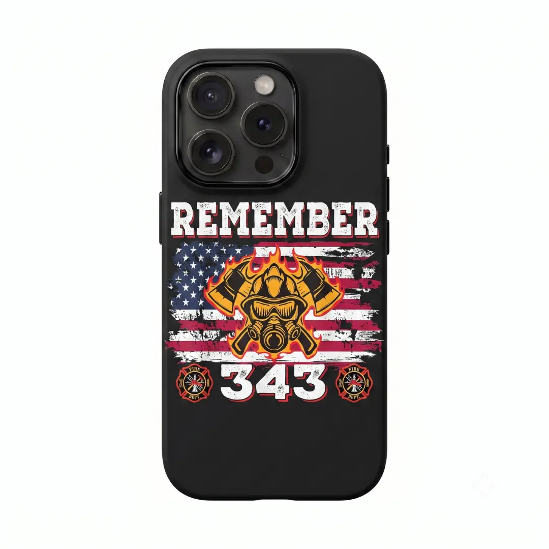 Patriotic Firefighter USA Flag Case for iPhone 17 16 15 14 13 12 11 Pro Max, Remember 343 Rescue Hero Tribute Cover, 911 Memorial Fireman Gift