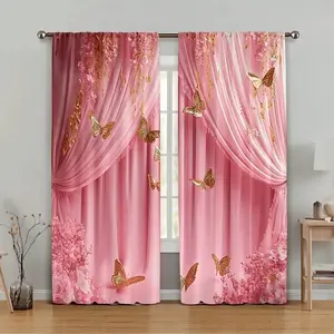2pcs gold-pink butterfly printed curtains, 2D flat semi-transparent for privacy protection, fade-resistant, pole bag hanging style, suitable for home decoration, Mother's Day gift, Home Decoration Curtain, Home Decorative Curtain