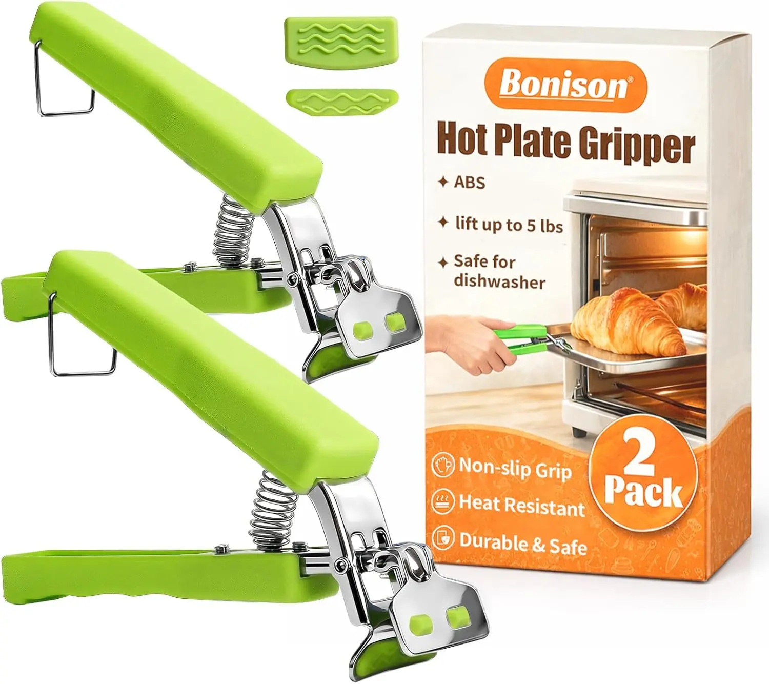 2 Pack Hot Plate Gripper Clips Holder Tongs for Moving Hot Plate Bowls Pizza Pan Air Fryer Microwave Oven with Food Out, Green
