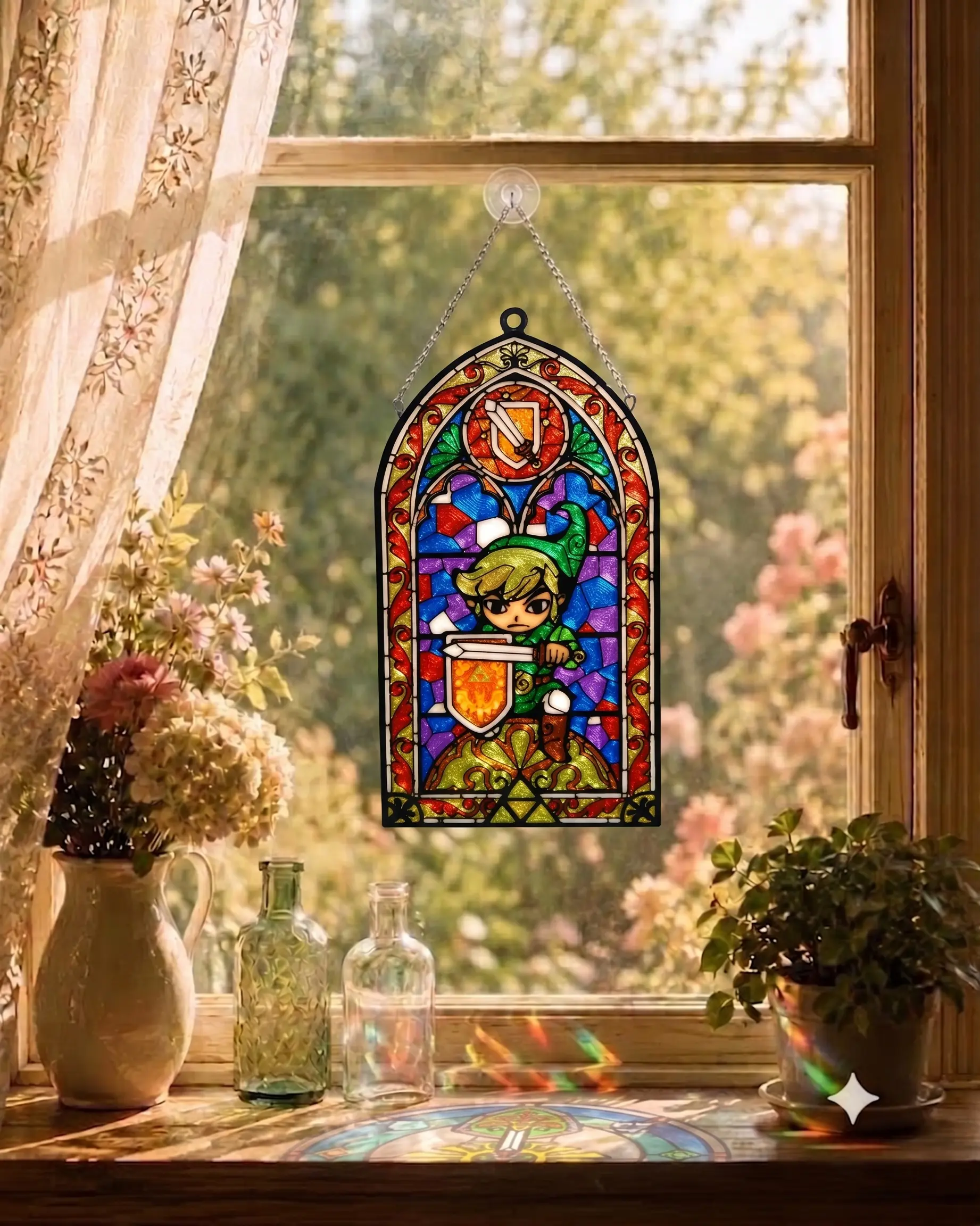 Zelda Inspired Sword and Shield Suncatcher Ornament Stained Glass Style Window Hanger