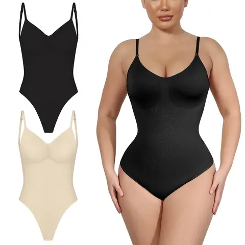 Soo Slick Women's 2-Piece Seamless Full Bodysuit - Sculpting Shapewear, Invisible Shaper, Tummy Control, Back Rolls Support, Body Slimming, Lightweight Compression, Hook-and-Eye, Thong Dupes, Minimalist Basic Underwear, All-Day Wear, Dry Clean Compatible