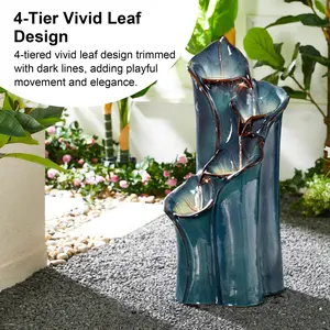 Glitzhome 31.25"H 4-Tiered Turquoise Lotus Leaf Textured Ceramic Vase Outdoor Floor Fountain with Pump and LED Light (KD)
