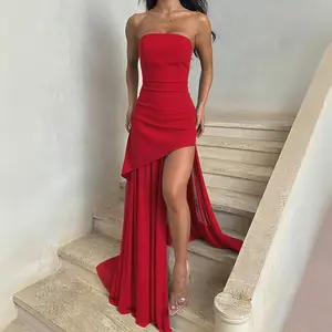 YJ24567-Christmas Dress NewYear Outfits Womens Solid Sheath Mesh Patchwork Pendulum Slim-fitting Long Dresses Casual Plain Off-Shoulder Backless Bodycon Tube Top Maxi Dress Gift for Valentine's Day summervibes