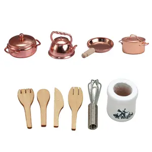 10pcs Retro Miniature Metal Kitchenware Set, Realistic Copper-Tone Tiny Cooking Model for Rustic Desktop Decor & DIY Hobbyist, Wood & Alloy Craftsmanship 【Non-Food Contact】