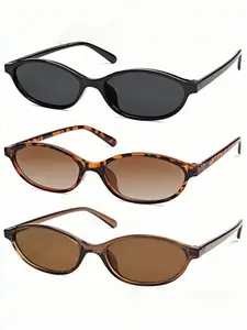 3pcs Retro Oval Sunglasses for Women, Stylish Chic Cat Eye 90s Vintage Sunnies, Lightweight Narrow Frame Shades with UV Protection, Trendy Fashion Set, Sun Protective Eyewear, UV Blocking Sunglasses