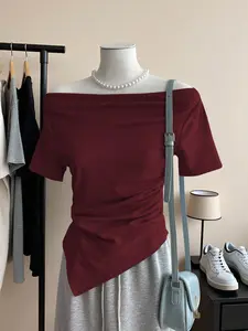 Women's Casual Shoulder-Exposed Asymmetrical Hem One-Shoulder Short Sleeve T-Shirt, Daily Wear Home Fashion Top