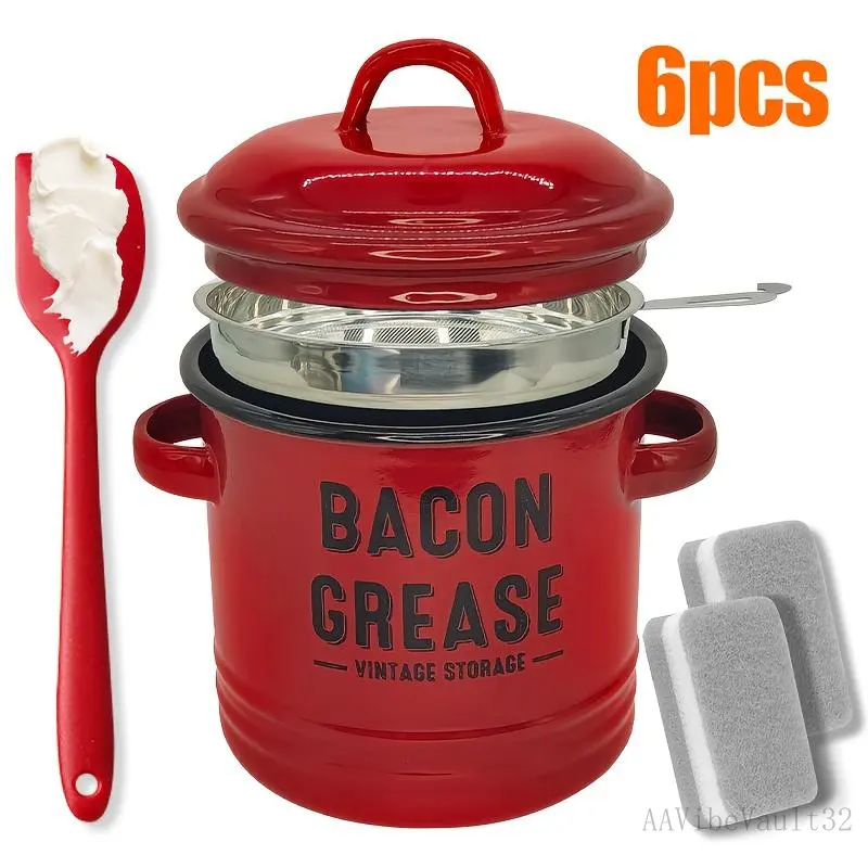 64oz (1360ml) Enamel Large Size Fat Storage Container with Fine Mesh Strainer, Food-Grade Silicone Spatula, Durable Handle, Rustic Farmhouse Fat Keeper, Dishwasher-Safe Kitchen Utensil, Bacon Grease Container