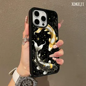 Lucky Koi Golden Fish Pattern Magnetic Phone Case for iPhone 15 16 14 17 Pro Max 13 12 11 Plus Air Cellphone Shockproof Protector Acrylic MagSafe Cover Supports Wireless Charging Smartphone protective cover Casing Protector Gift