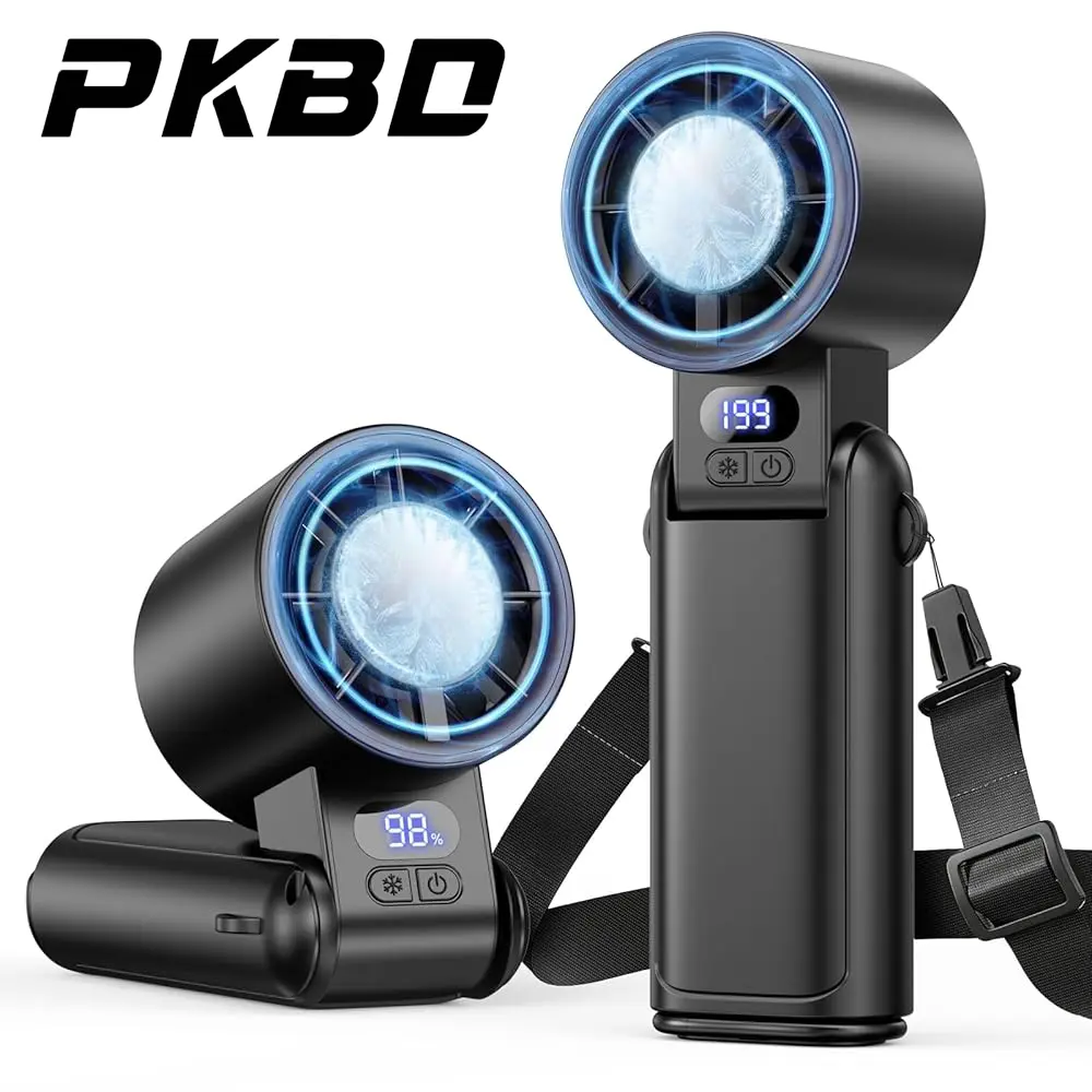 PKBD Portable handheld Fan,Rechargeable 3-in-1 Hand-Neck-Desk Device with Ice Cooler, LED Display, 1-199 Speed Adjustment, Powerful Cooling, Portable Fan for Travel, Office,Outdoor