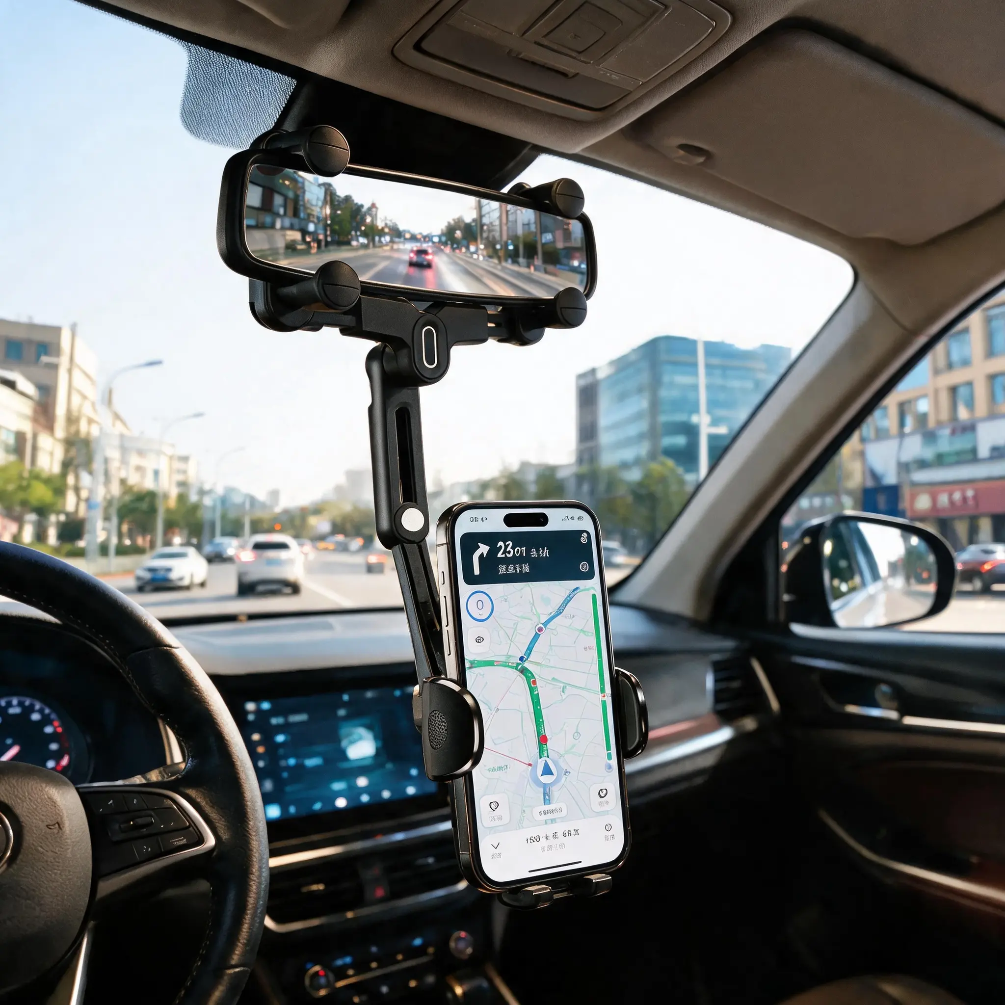 7th-Gen Upgraded Plastic Rotating 4-Slider Clamp Rearview Mirror Automotive Phone Holder, Anti-Shake Telescopic Arm Cell Phone Mount with Height Adjustment, 1-Hand Install for Most Cars, Cell Phone Mounts
