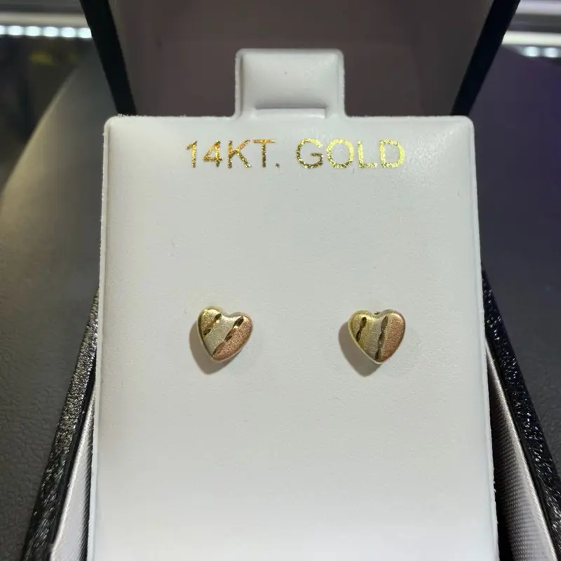Small  3-Tone Heart 14Kt Gold Earrings with Screw Ball Lock