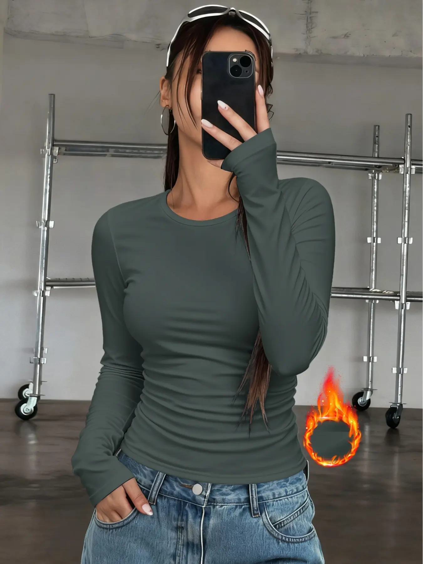 Women's Classic Round Neck Long Sleeve Thermal Underwear Top, Casual Plain Simple Base Layer Shirt for Home & Outdoor Wear