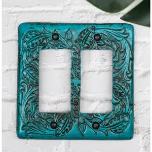 Set of 2 Western Tooled Floral Turquoise Wall Double Gang Rocker Switch Plates