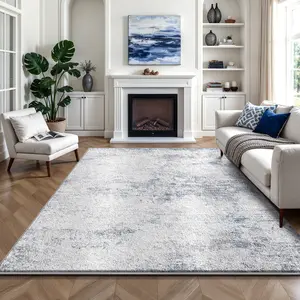Washable Area Rug for Living Room, Large Modern Abstract Rug, Soft Neutral Carpet with Non Slip Backing, Vintage Distressed Indoor Floor Rug for Bedroom, Dining Room, Nursery, Home Decor, Blue Ivory