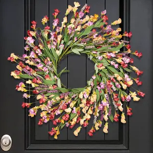 TOPFISH 24 in Decorative Rattan Artificial Floral Wreath, Non-Withering Spring Wreath for Front Door, Red Orange Purple Farmhouse Porch Decor for Indoor Outdoor Home Use
