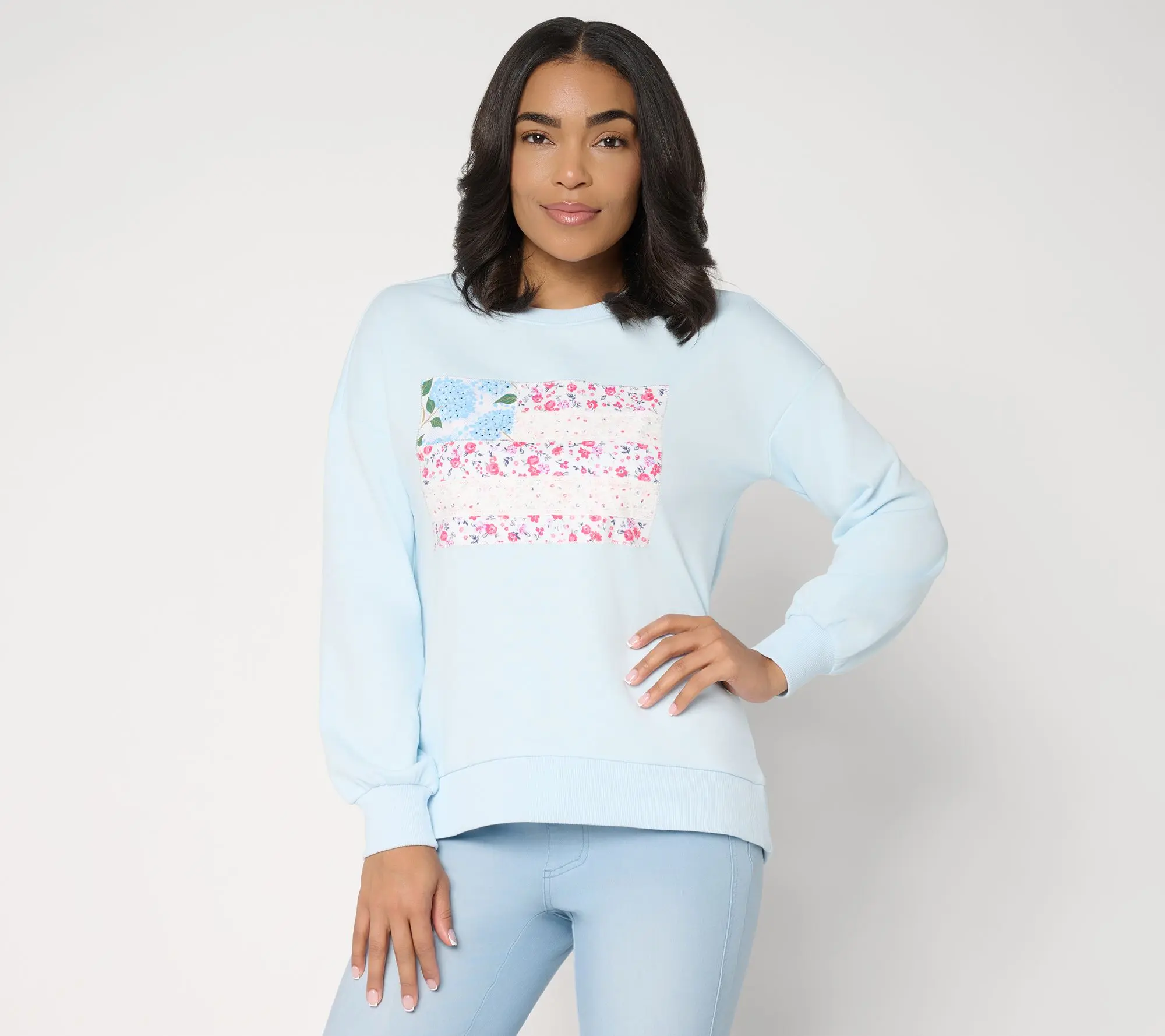 Belle by Kim Gravel Vintage Floral Patchwork Flag Sweatshirt