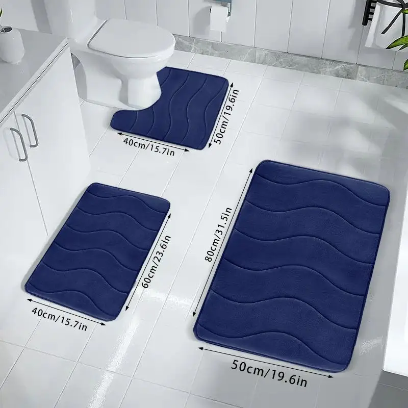 Soft Non-slip Bathroom Toilet Mat Set, 3counts/set Household Wave Embossed Quick-dry Rug, Washable Water Absorbent Floor Pad, Soft Comfortable Bathtub