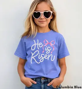He Is Risen Kids Shirt, Christian Easter Girl Shirt, Bible Verse Youth Tee With Pink Bow, Religious Spring Outfit, Coquette Easter shirt