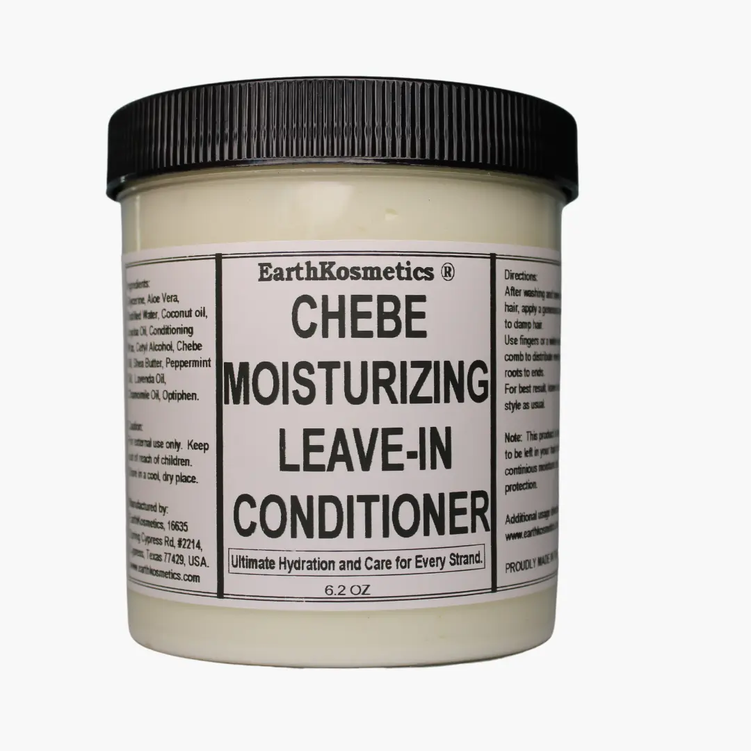 EarthKosmetics Chebe Moisturizing Leave-in Conditioner for deep moisture retention, and growth.  Made with Chebe Oil, Jojoba, Shea Butter, Aloe Vera, Glycerine, Argan oil and other herbs and oils.