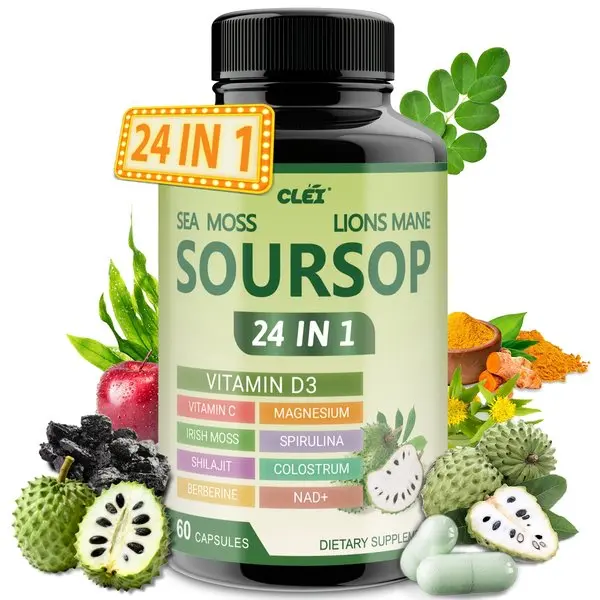 Soursop Graviola Capsules - Laboratory-tested Advanced Ingredient Blend - 24IN1 = Digestion, GUT Health, Provides Antioxidant Benefits for Man and Woman. - 60 CAPSULES