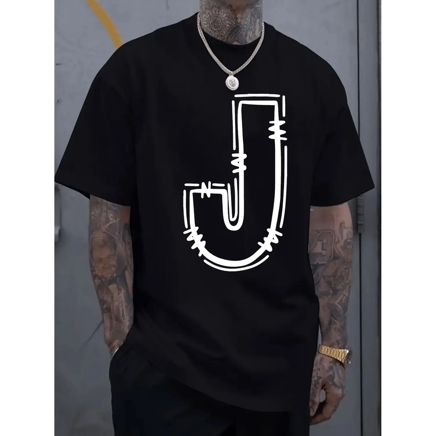 Stylish Men J Letter Print Cotton T Shirt Perfect For Spring And Summer Casual Wear