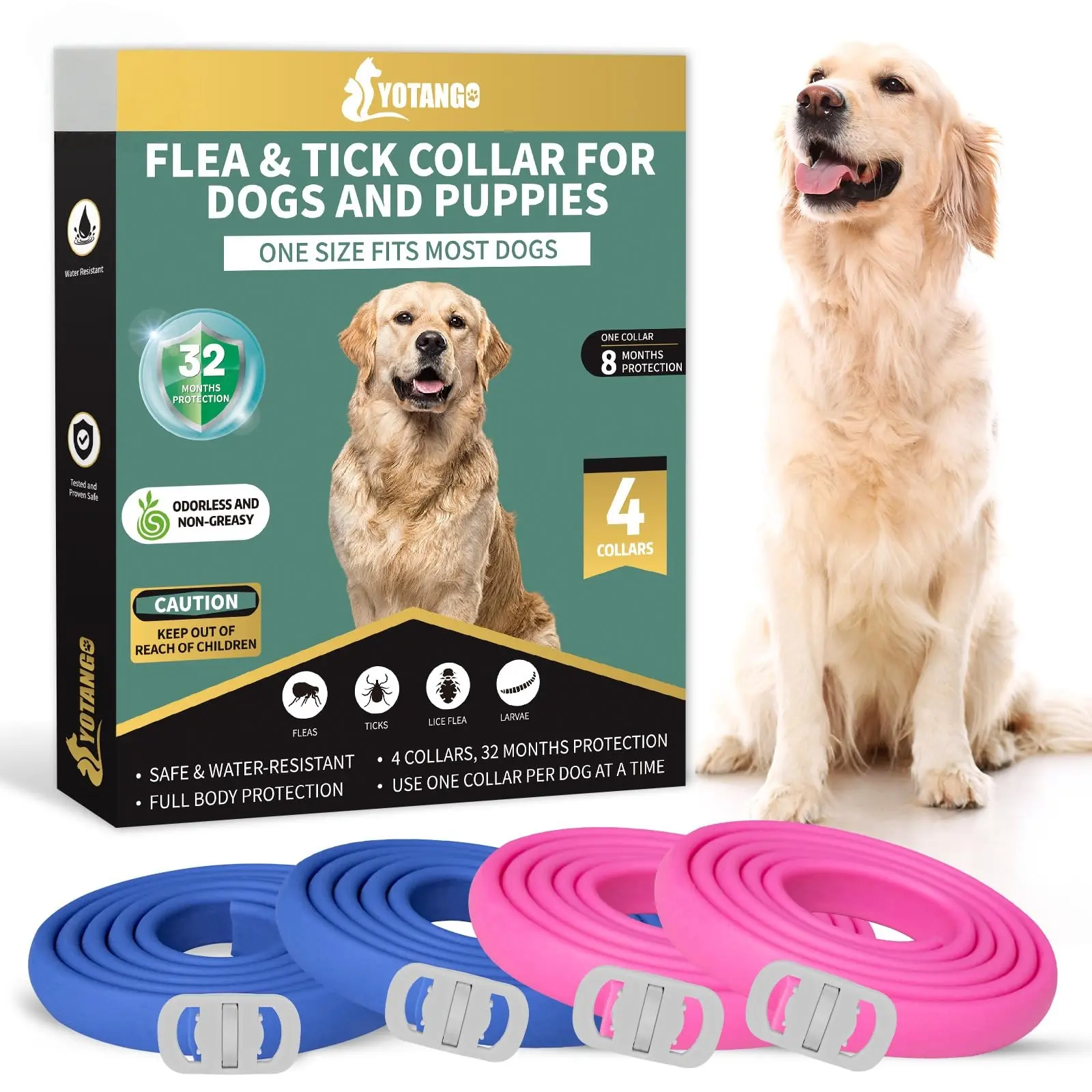 YOTANGO 4 Pack Flea Collar for Dogs, Dog Flea Collar Waterproof, 32 Months Prevention, Dog Fleas and Tick Treatment, Adjustable Fleas and Tick Protection for Dogs Puppy(Blue & Pink) small puppy