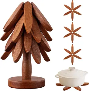 Natural Tree Trivet Set - 4 Wooden Trivets & 1 Stand - Heat Resistant Foldable Design - Durable & High - Tree Shape Trivets for Hot Dishes - Multi-functional Use - Special Texture - Interesting Gift for Christmas