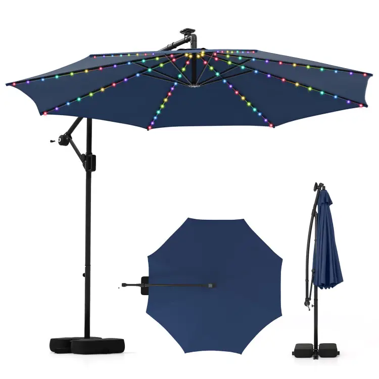 COSTWAY 10 Ft Solar Cantilever Patio Umbrella with Base Offset Hanging Outdoor Umbrella with 96 LED Lights 9 Modes Tilt Adjustment 360° Rotation Crank