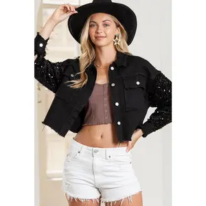 Black Sequin Sleeve Pocketed Raw Hem Denim Jacket
