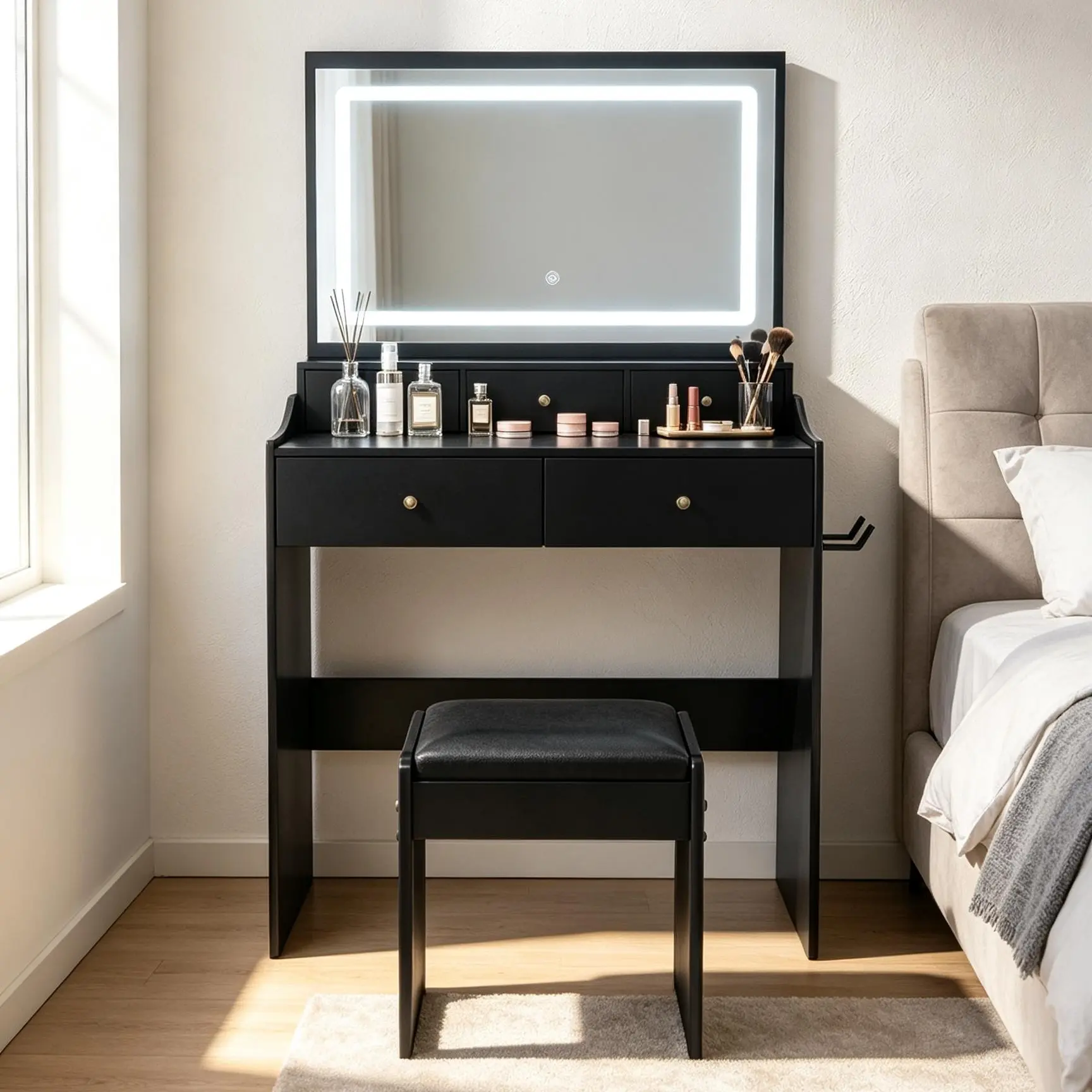 Flip-Up Vanity Desk with Lighted Mirror & Lockable Drawer – Space Saving Makeup Table with 3 Side Drawers, Open Shelves & Stool. Modern White Dressing Table for Small Bedrooms & Apartments