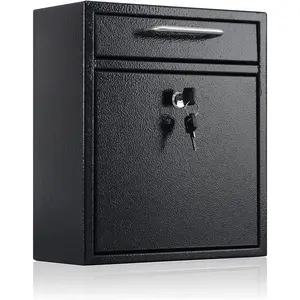 Steel Mailbox Wall Mount, Medium Locking Mailbox with Key Lock, Lock Mail Boxes for Outside,  Key Drop Box, Collection Boxes, 13.4H x 11.6L x 5.6W Inches, Black, Large