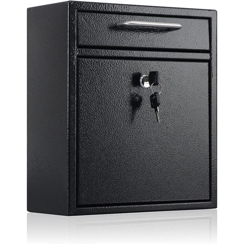 Steel Mailbox Wall Mount, Medium Locking Mailbox with Key Lock, Lock Mail Boxes for Outside,  Key Drop Box, Collection Boxes, 13.4H x 11.6L x 5.6W Inches, Black, Large
