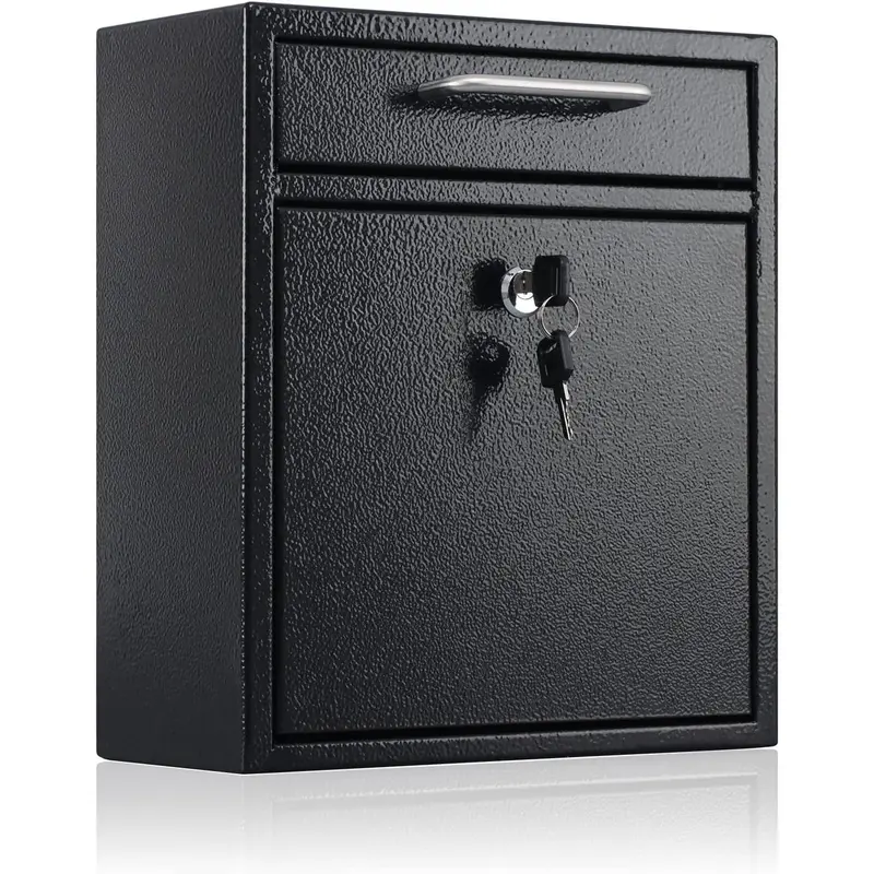 Steel Mailbox Wall Mount, Medium Locking Mailbox with Key Lock, Lock Mail Boxes for Outside,  Key Drop Box, Collection Boxes, 13.4H x 11.6L x 5.6W Inches, Black, Large