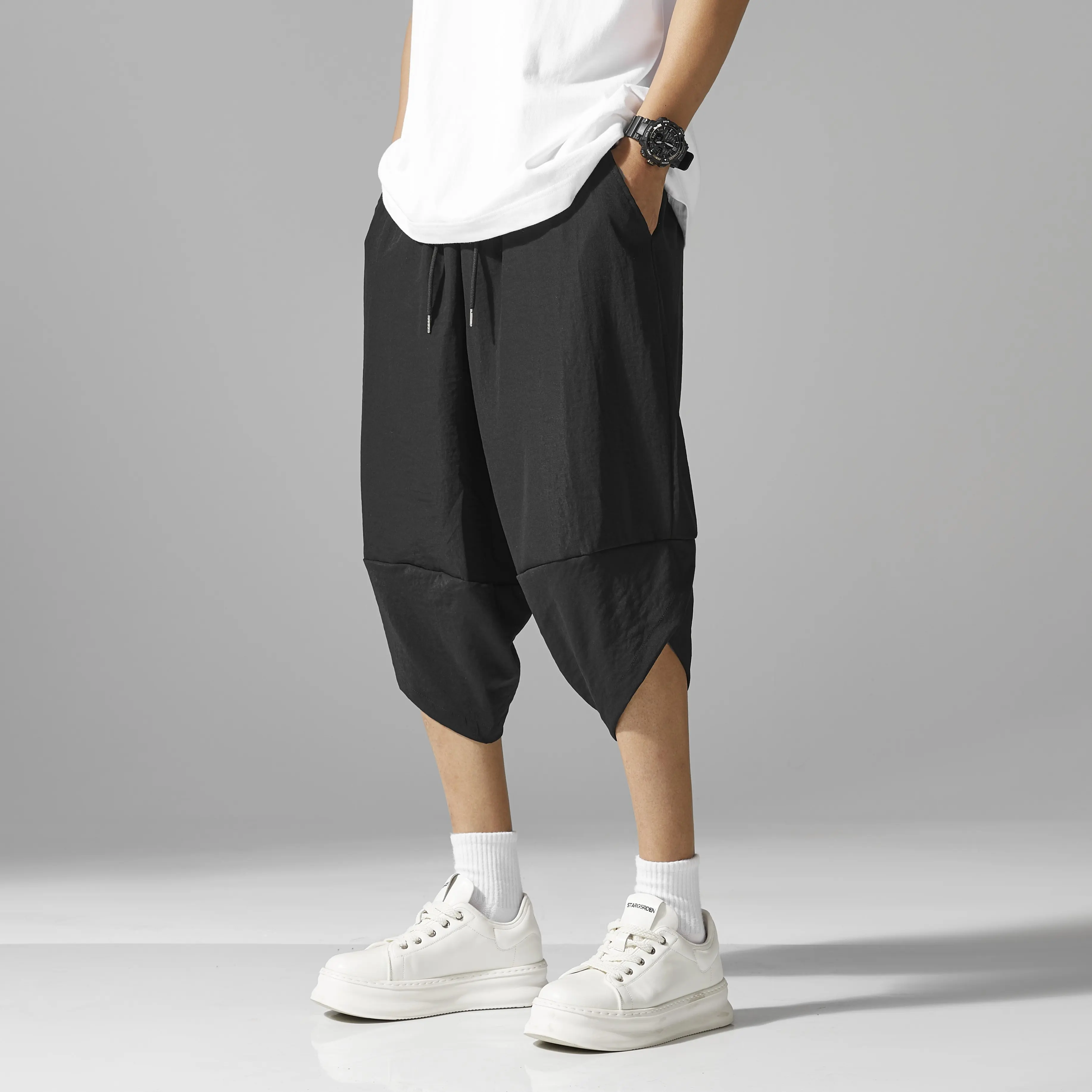 Men's Athletic Drop-Crotch Shorts, Avant-Garde Minimalist Streetwear with an Asymmetrical Split Hem
