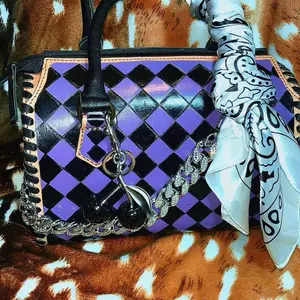 Purple and black medium checkered leather speedy