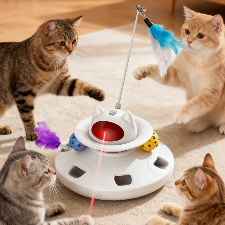 4-in-1 Interactive Toxin-Free Cat Toy - Laser Pointer, Feather, Ball/Chaser, Random Holes Point Down Hide & Seek Function for Indoor Cat Entertainment