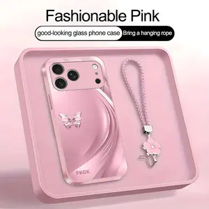Suitable for [iPhone 17 Pro] high-end women's phone case🥰，a beautiful four-leaf clover lanyard is included🍀，minimalist, sophisticated butterfly pattern，drop-resistant and fingerprint-resistant YM99