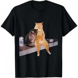 EMO Cat2 Printed Design Unisex Crew Neck T-Shirt High-Quality Cotton Black Top for Men Women Casual Comfort Breathable Short Sleeve Streetwear Fashion