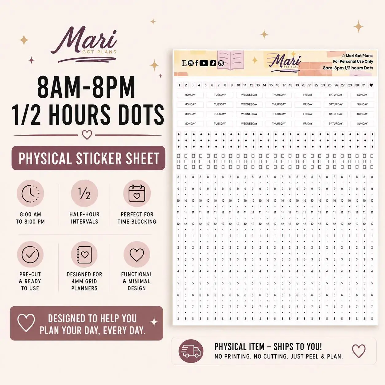 Plans by Just Scribble Hourly Planner Stickers | 8AM-8PM, Half-Hour Strips | A5/B6 Planners