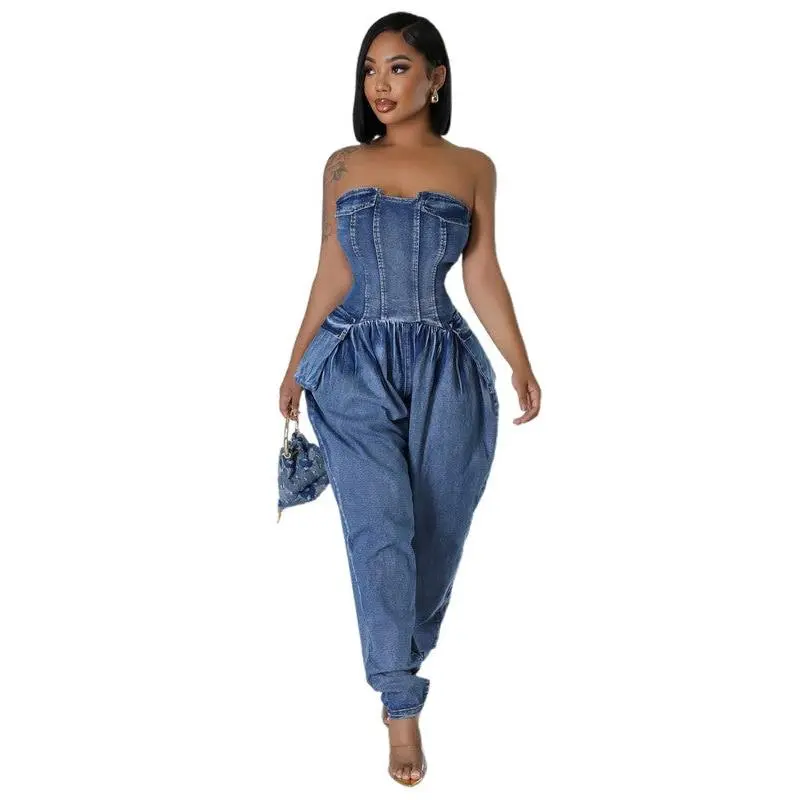 Women's Fashion Denim Overalls Jumpsuit - Sexy Strapless Sleeveless, Elastic Fit, Hip-Flattering, with Zipper & Pocket, Below-Ankle Hem, Summer Plain Lady Outfit