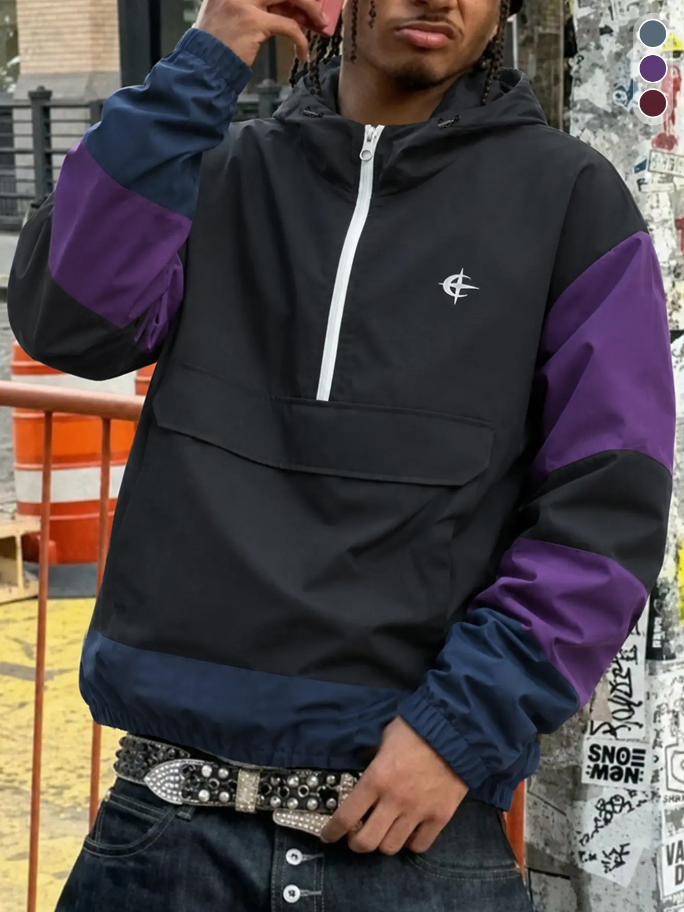 Men's color-block half-zip hooded pullover windproof jacket, loose streetwear-style outdoor shell jacket