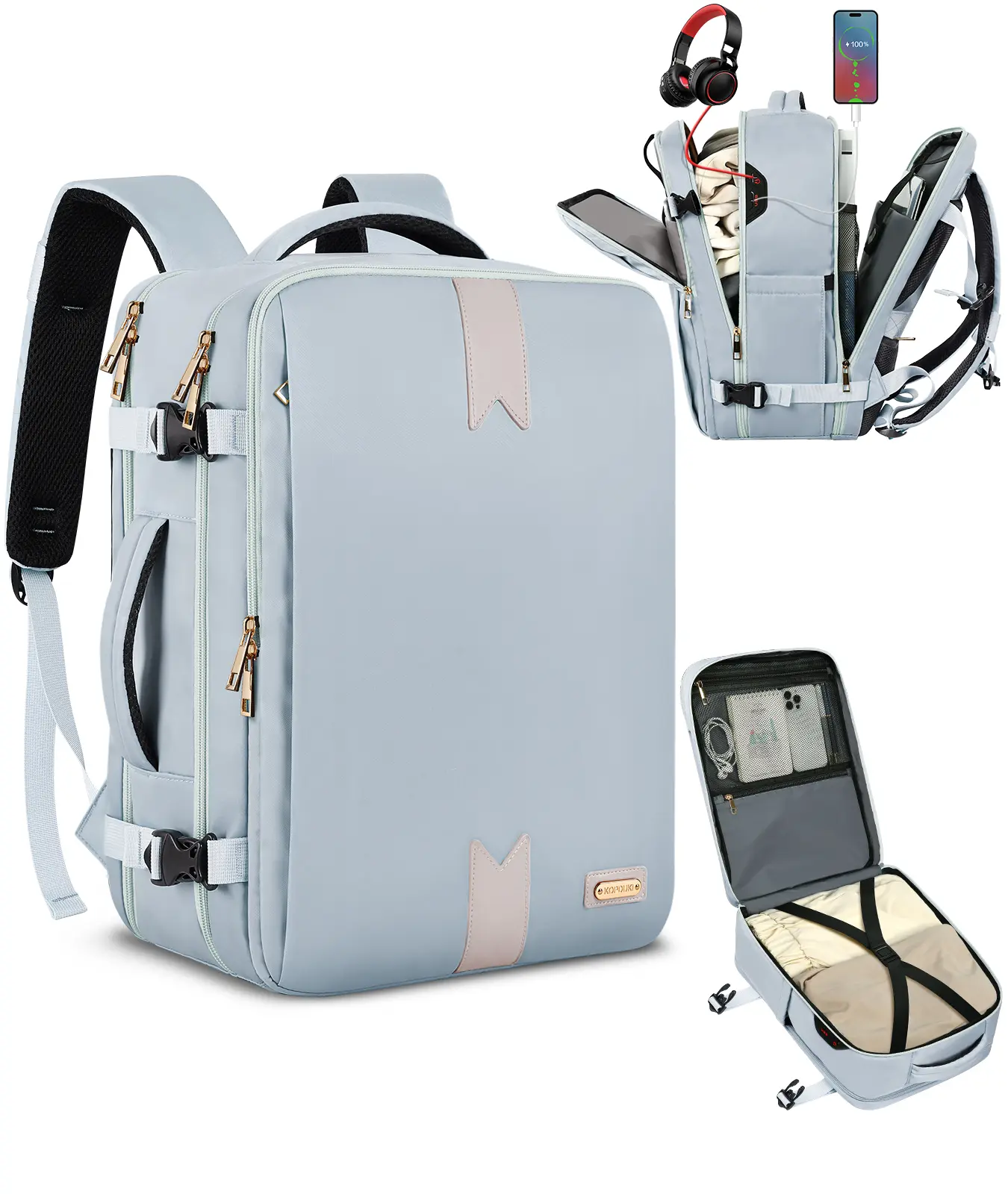 Basic Woven Polyester Travel Backpacks, Blue 40L Expandable Carry On, Flight Approved with USB Port & 15.6-Inch Laptop Compartment